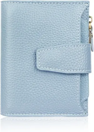 FT FUNTOR Small Wallet for Women Genuine Leather Bifold Compact RFID Blocking Zipper Pocket Ladies Credit Card Slots Purse with ID Window (Lychee Blue)