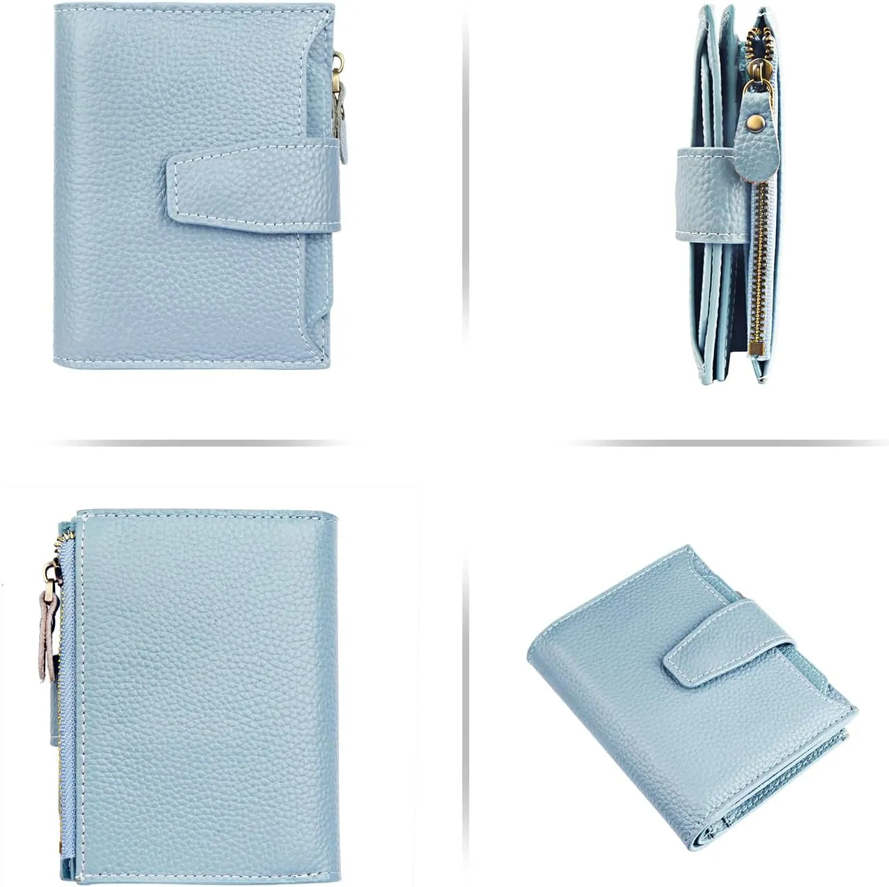 FT FUNTOR Small Wallet for Women Genuine Leather Bifold Compact RFID Blocking Zipper Pocket Ladies Credit Card Slots Purse with ID Window (Lychee Blue)