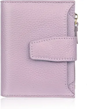 FT FUNTOR Small Wallet for Women Genuine Leather Bifold Compact RFID Blocking Zipper Pocket Ladies Credit Card Slots Purse with ID Window (Lychee Light Purple)