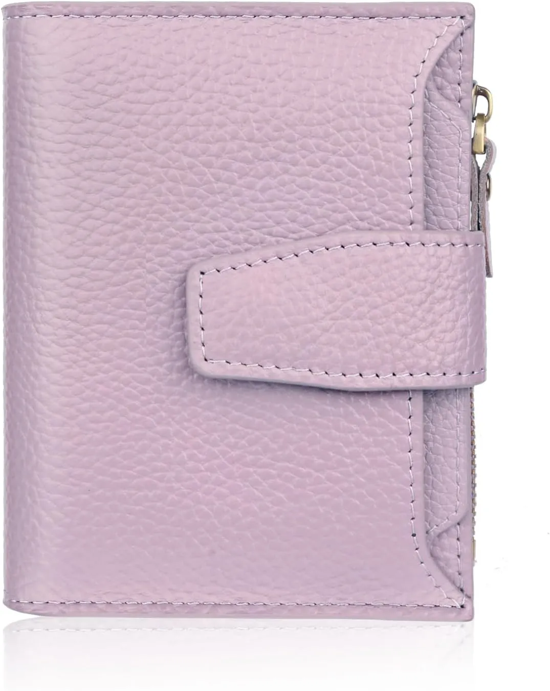 FT FUNTOR Small Wallet for Women Genuine Leather Bifold Compact RFID Blocking Zipper Pocket Ladies Credit Card Slots Purse with ID Window (Lychee Light Purple)
