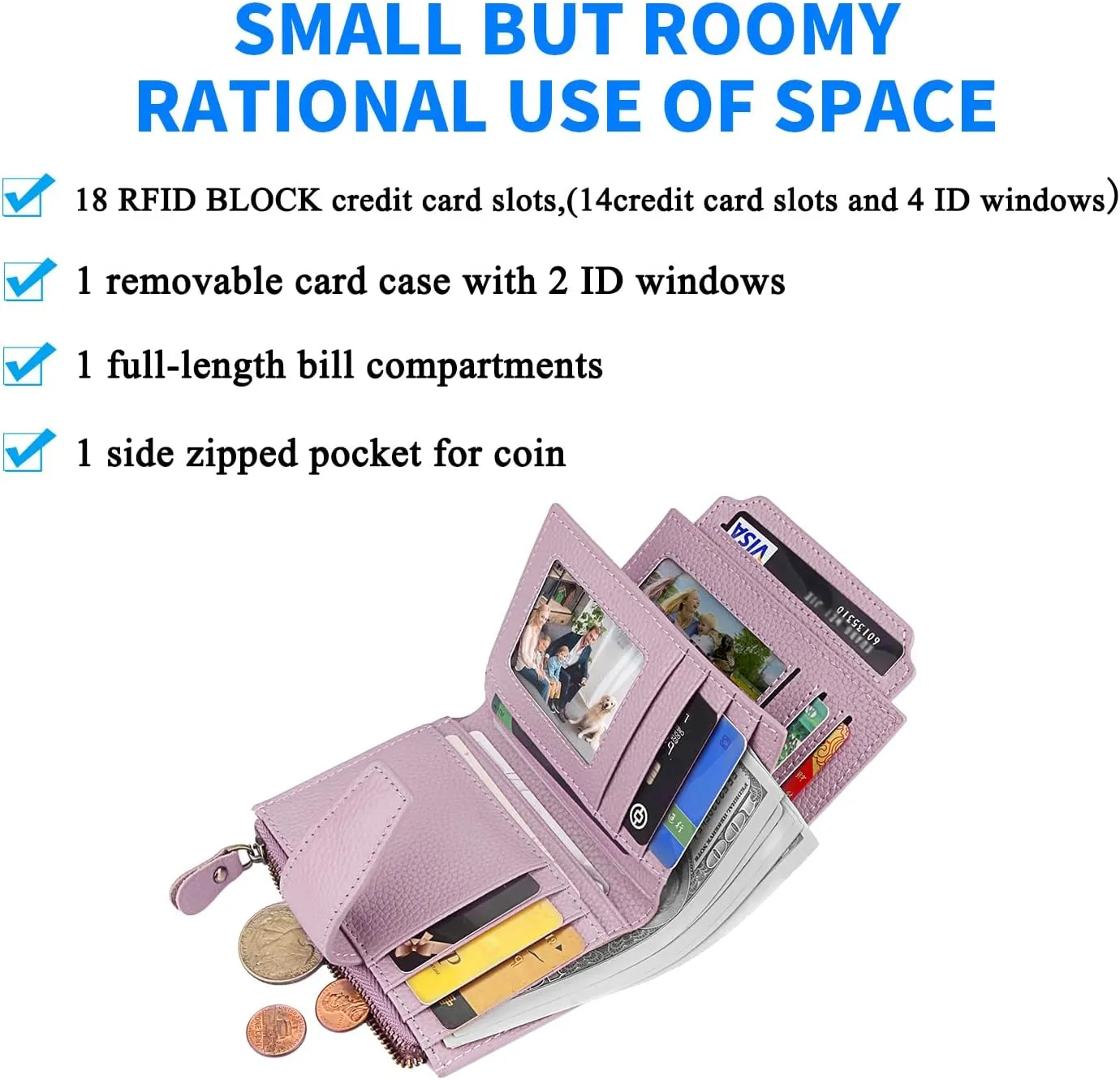 FT FUNTOR Small Wallet for Women Genuine Leather Bifold Compact RFID Blocking Zipper Pocket Ladies Credit Card Slots Purse with ID Window (Lychee Light Purple)