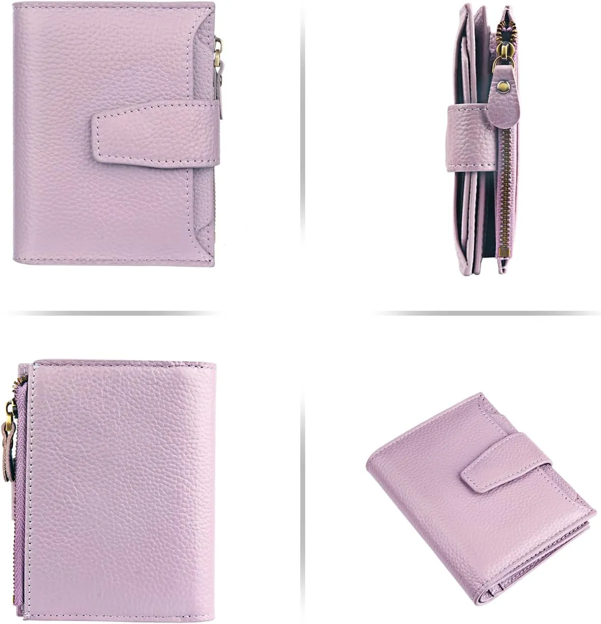 FT FUNTOR Small Wallet for Women Genuine Leather Bifold Compact RFID Blocking Zipper Pocket Ladies Credit Card Slots Purse with ID Window (Lychee Light Purple)
