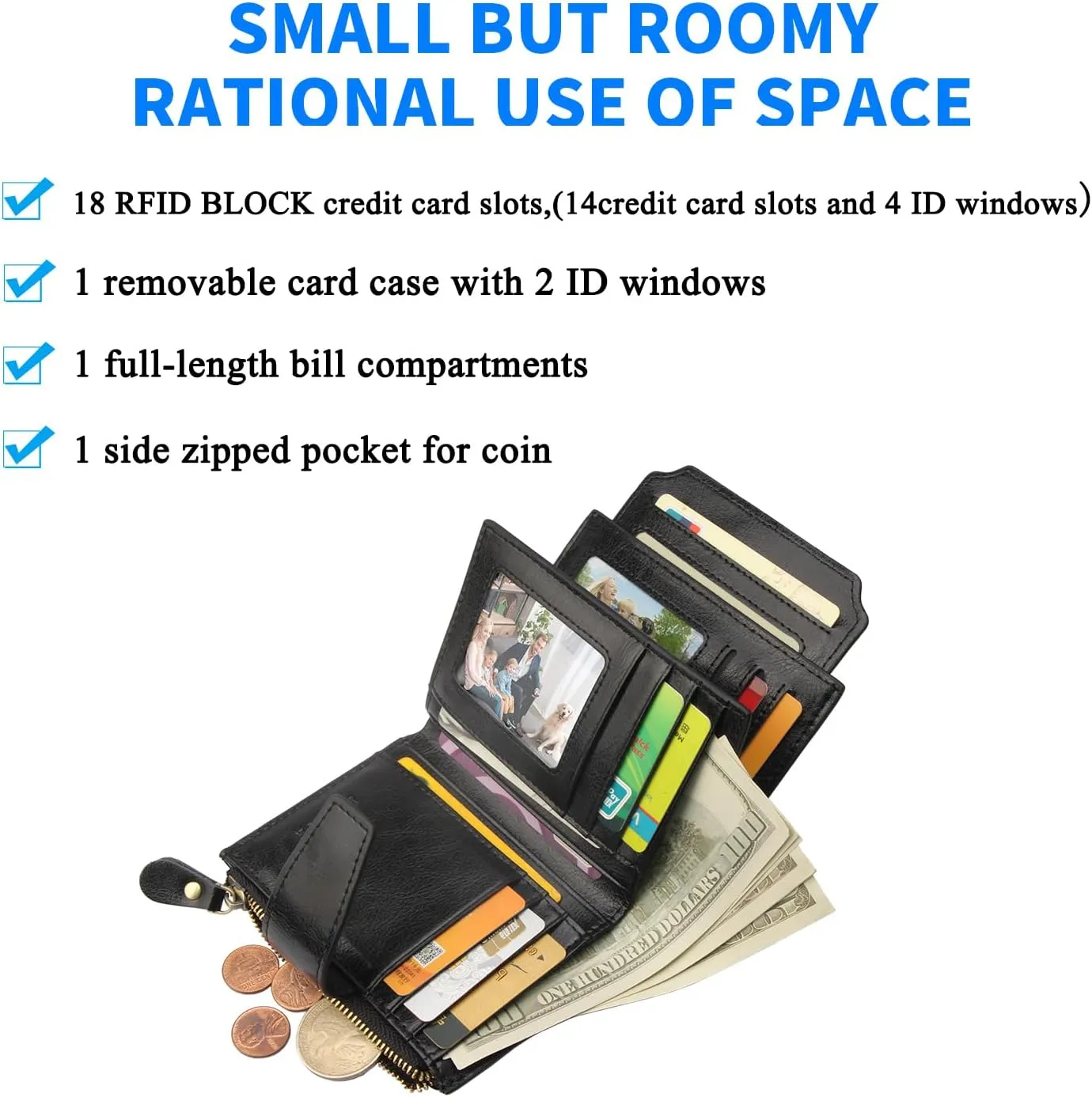 FT FUNTOR Small Wallet for Women Genuine Leather Bifold Compact RFID Blocking Zipper Pocket Ladies Credit Card Slots Purse with ID Window