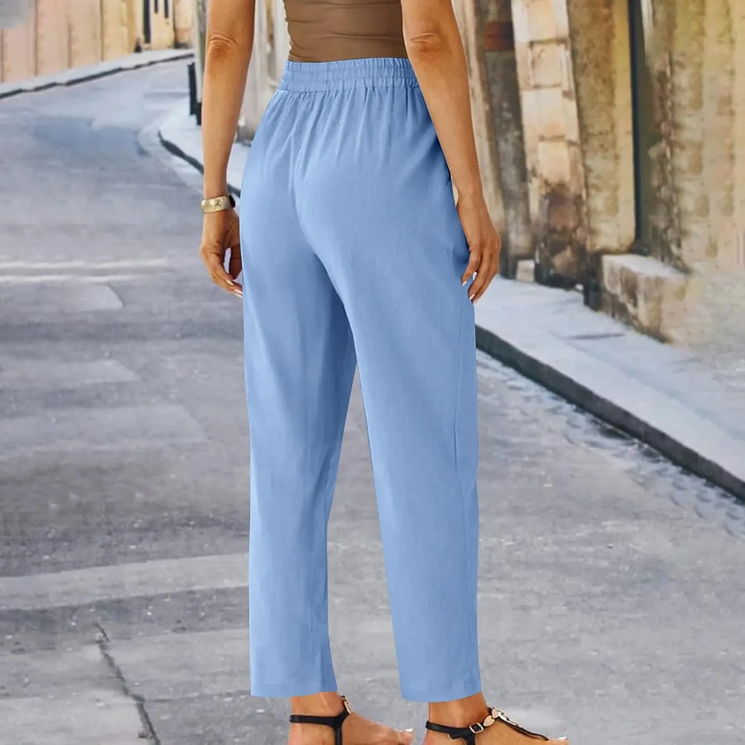 FZYLQY Womens Casual Cotton Linen Pants Summer Drawstring Elastic Waist Solid Plus Size Lounge Long Trousers with Pockets