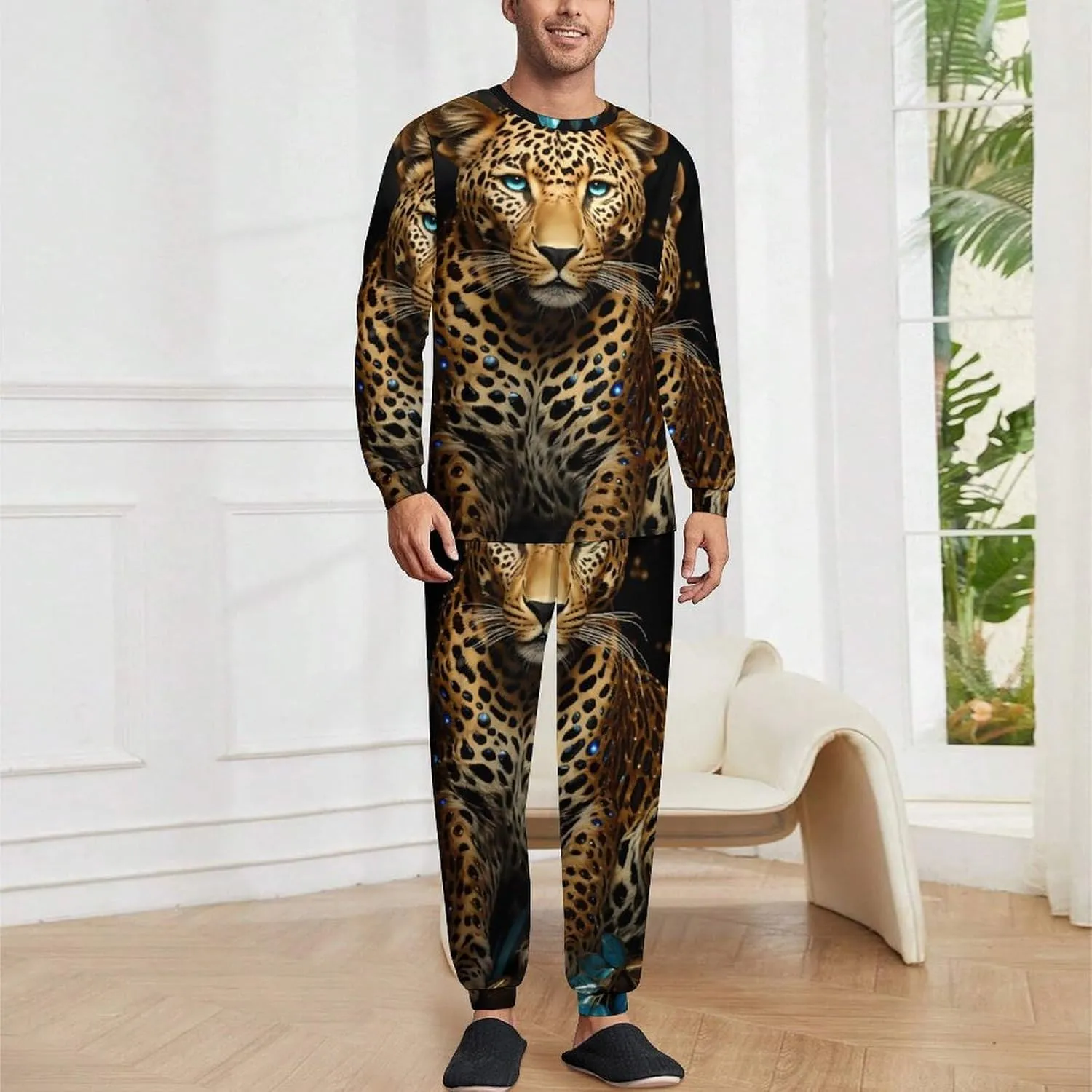 Golden Leopard Men's Pajamas Sets Round Neck Long Sleeve Shirts And Bottoms 2 Piece Pjs Loungewear