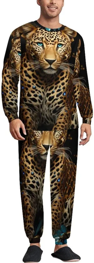 Golden Leopard Men's Pajamas Sets Round Neck Long Sleeve Shirts And Bottoms 2 Piece Pjs Loungewear