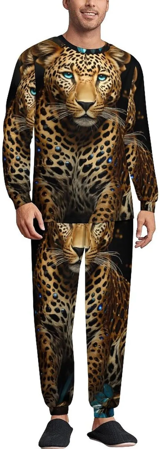 Golden Leopard Men's Pajamas Sets Round Neck Long Sleeve Shirts And Bottoms 2 Piece Pjs Loungewear