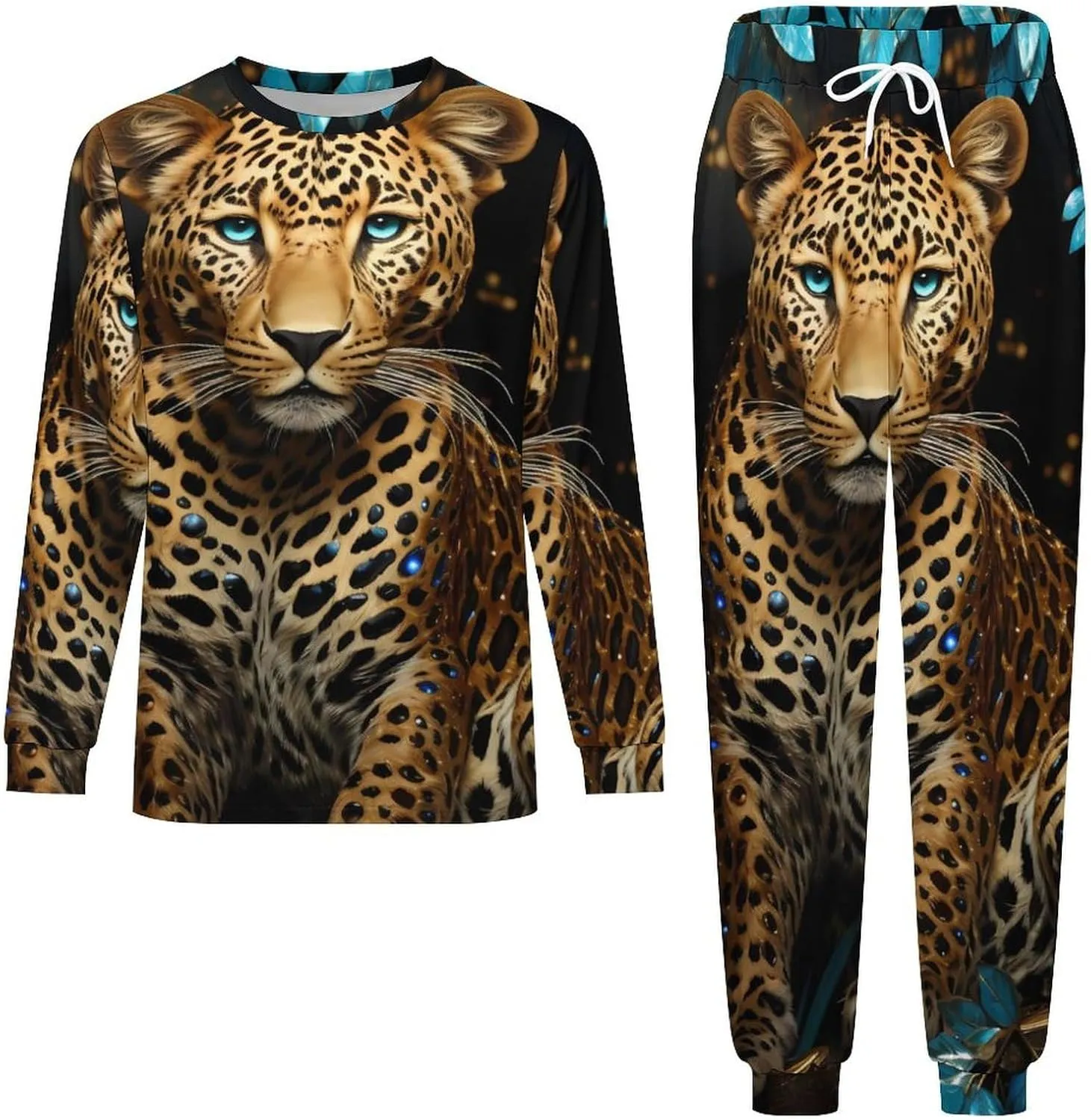 Golden Leopard Men's Pajamas Sets Round Neck Long Sleeve Shirts And Bottoms 2 Piece Pjs Loungewear