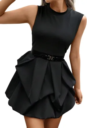 GORGLITTER Women's Bubble Mini Dress Sleeveless Mock Neck Party Dresses Ruffle Skinny Dress
