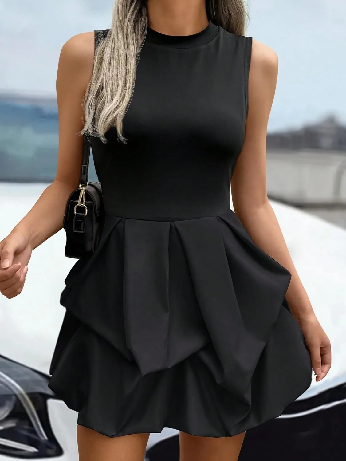 GORGLITTER Women's Bubble Mini Dress Sleeveless Mock Neck Party Dresses Ruffle Skinny Dress