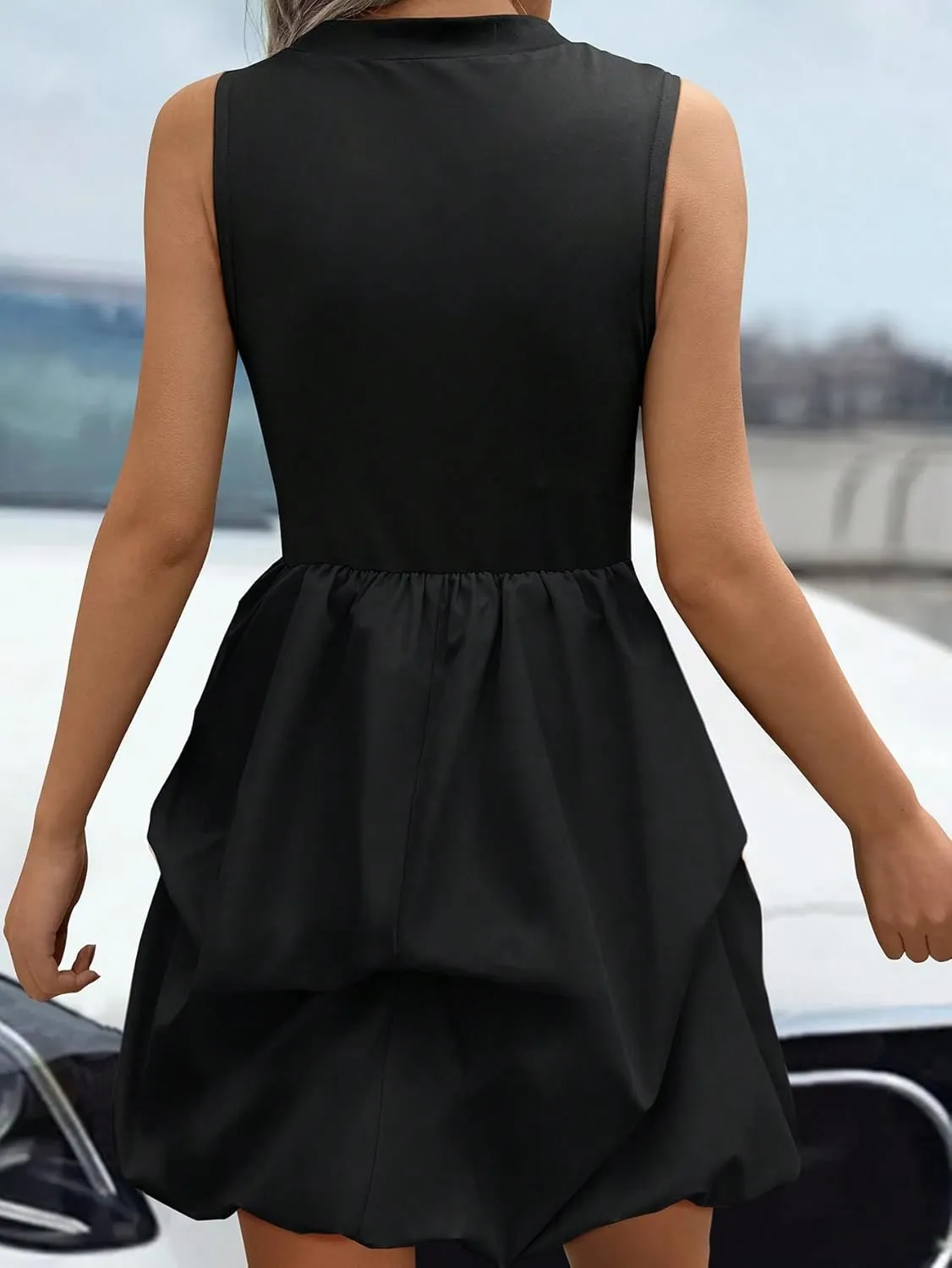 GORGLITTER Women's Bubble Mini Dress Sleeveless Mock Neck Party Dresses Ruffle Skinny Dress