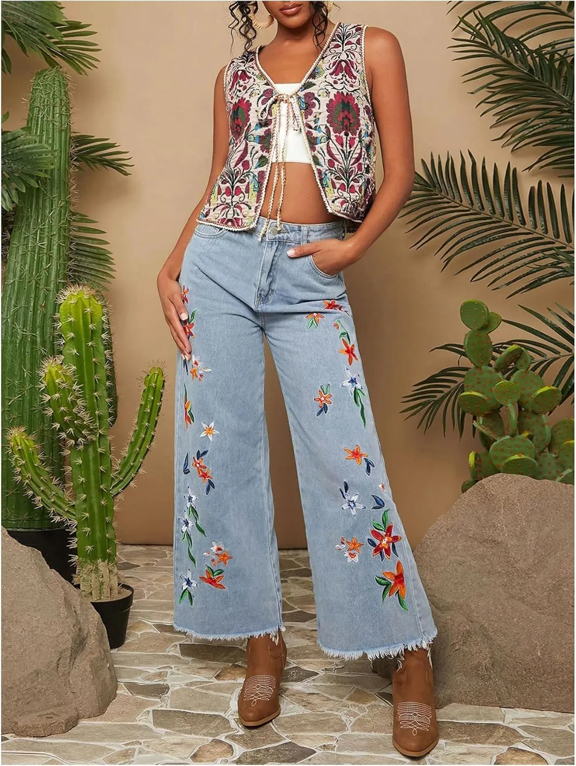 GORGLITTER Women's Tie Front Cardigan Vest Tops Floral Boho Sleeveless Western Trendy Fashion 2025