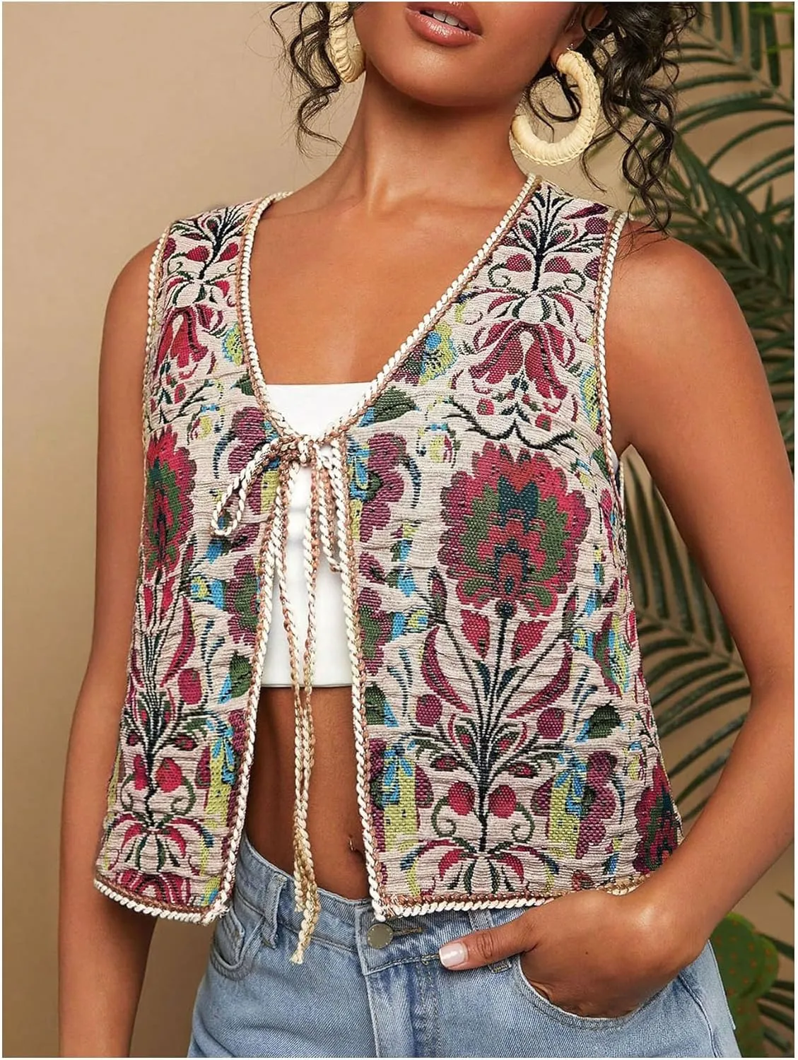 GORGLITTER Women's Tie Front Cardigan Vest Tops Floral Boho Sleeveless Western Trendy Fashion 2025