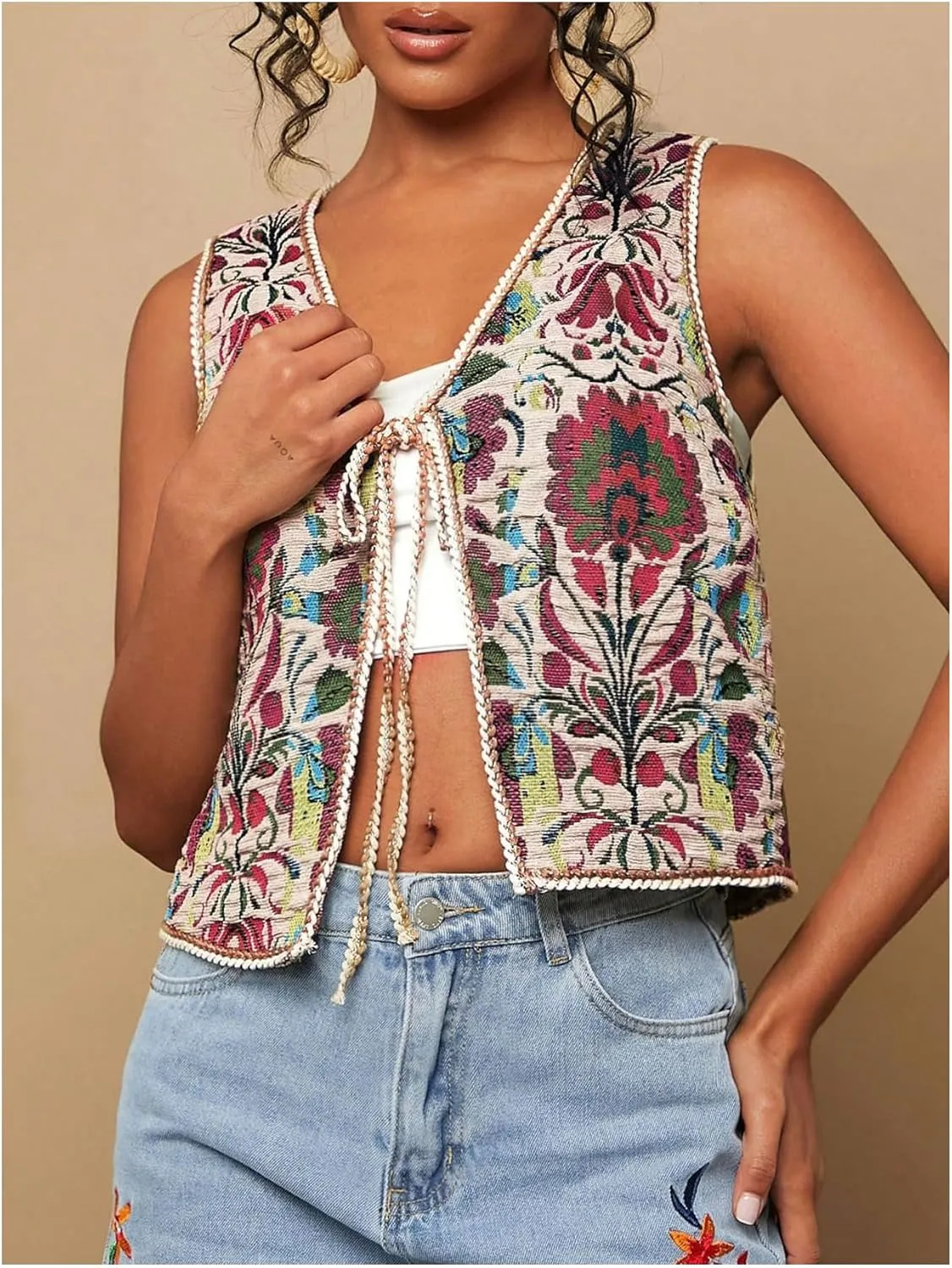 GORGLITTER Women's Tie Front Cardigan Vest Tops Floral Boho Sleeveless Western Trendy Fashion 2025