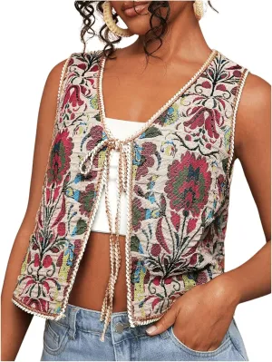 GORGLITTER Women's Tie Front Cardigan Vest Tops Floral Boho Sleeveless Western Trendy Fashion 2025