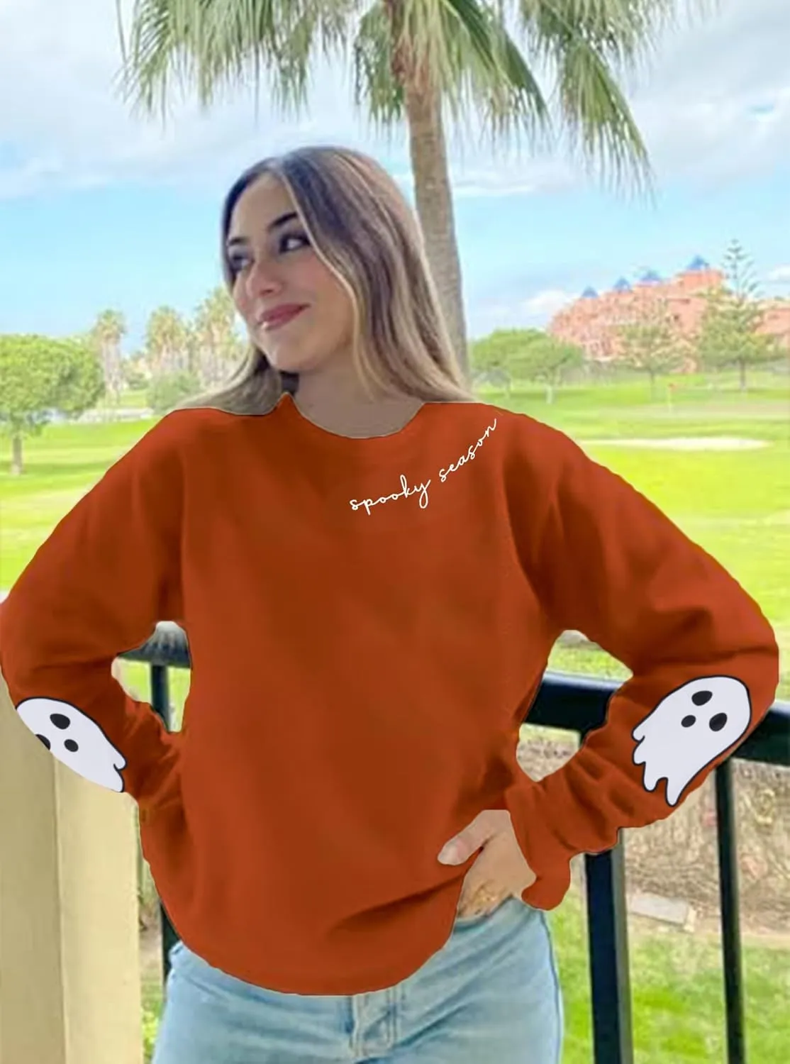 Halloween Sweatshirts for Women Spooky Season Long Sleeve Shirts Cute Ghost Graphic Halloween Sweater Pullover Top