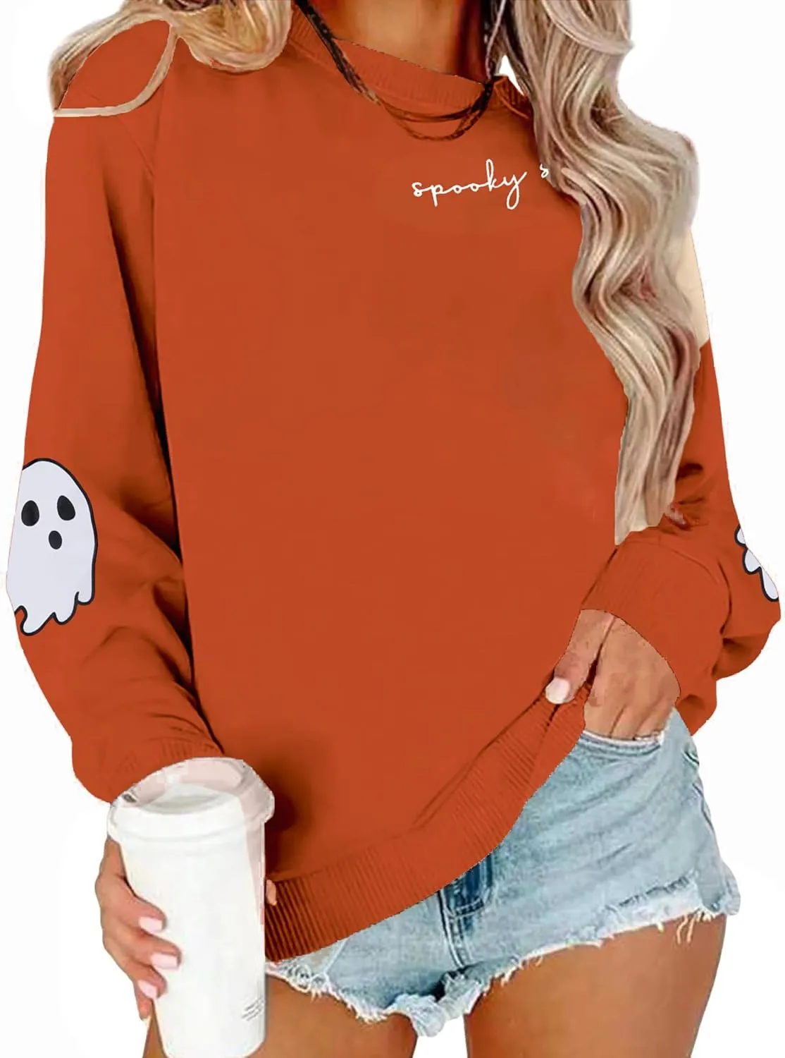 Halloween Sweatshirts for Women Spooky Season Long Sleeve Shirts Cute Ghost Graphic Halloween Sweater Pullover Top