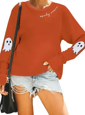 Halloween Sweatshirts for Women Spooky Season Long Sleeve Shirts Cute Ghost Graphic Halloween Sweater Pullover Top