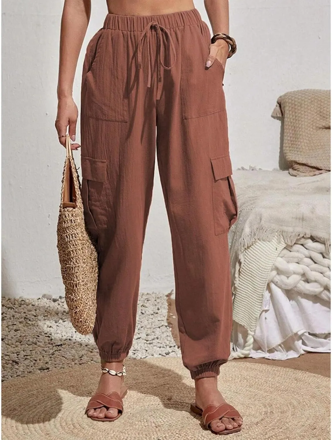 Harem Pants for Women Casual Comfy Drawstring Elastic Waist Cargo Joggers Summer Lounge Beach Pants with Pockets
