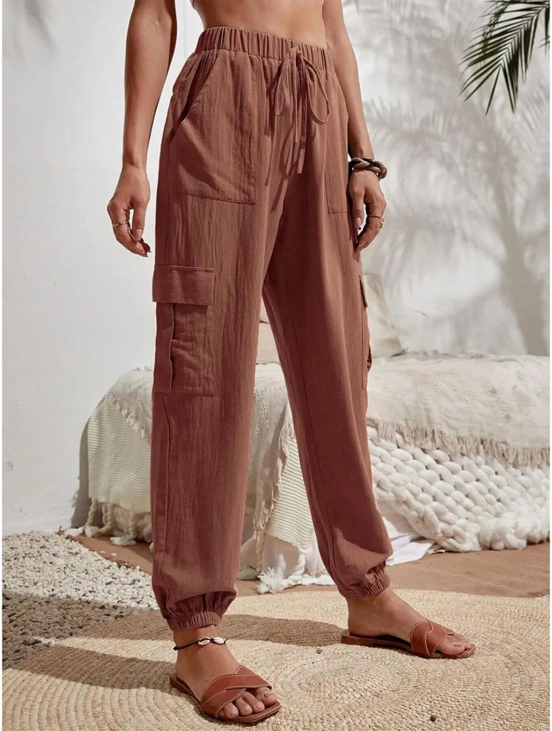Harem Pants for Women Casual Comfy Drawstring Elastic Waist Cargo Joggers Summer Lounge Beach Pants with Pockets