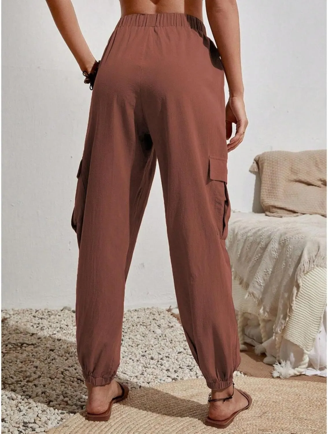 Harem Pants for Women Casual Comfy Drawstring Elastic Waist Cargo Joggers Summer Lounge Beach Pants with Pockets