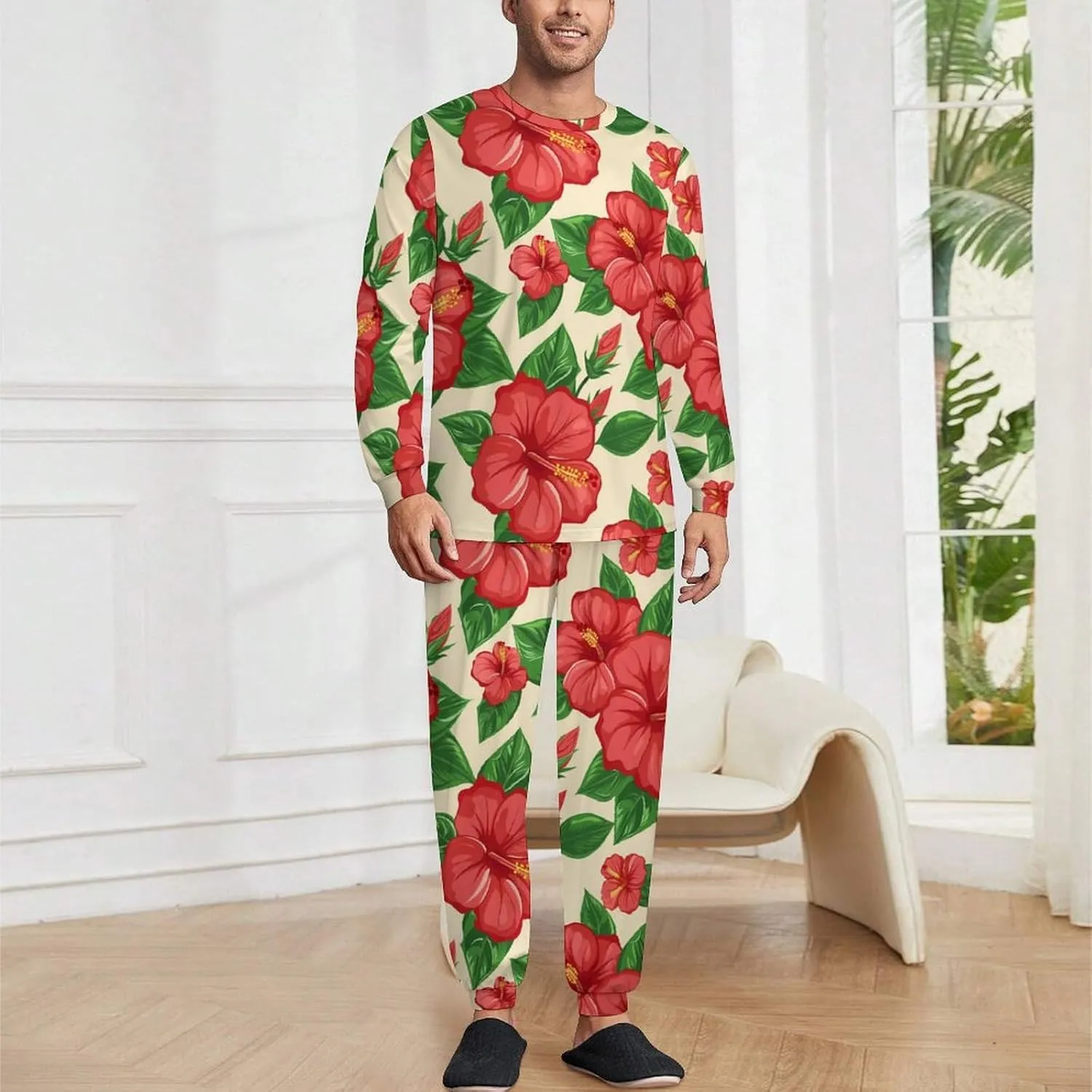 Hibiscus Floral Print Men's Pajama Set Casual Sleepwear Pjs Set Crewneck Shirts And Bottoms Comfy Loungewear