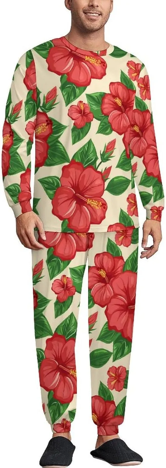 Hibiscus Floral Print Men's Pajama Set Casual Sleepwear Pjs Set Crewneck Shirts And Bottoms Comfy Loungewear