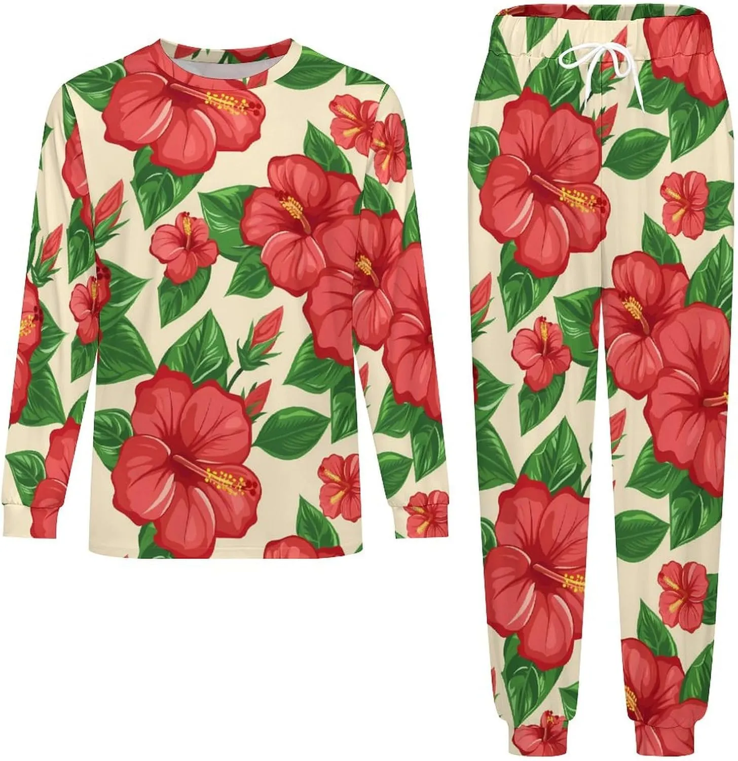 Hibiscus Floral Print Men's Pajama Set Casual Sleepwear Pjs Set Crewneck Shirts And Bottoms Comfy Loungewear