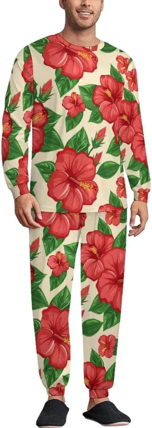 Hibiscus Floral Print Men's Pajama Set Casual Sleepwear Pjs Set Crewneck Shirts And Bottoms Comfy Loungewear