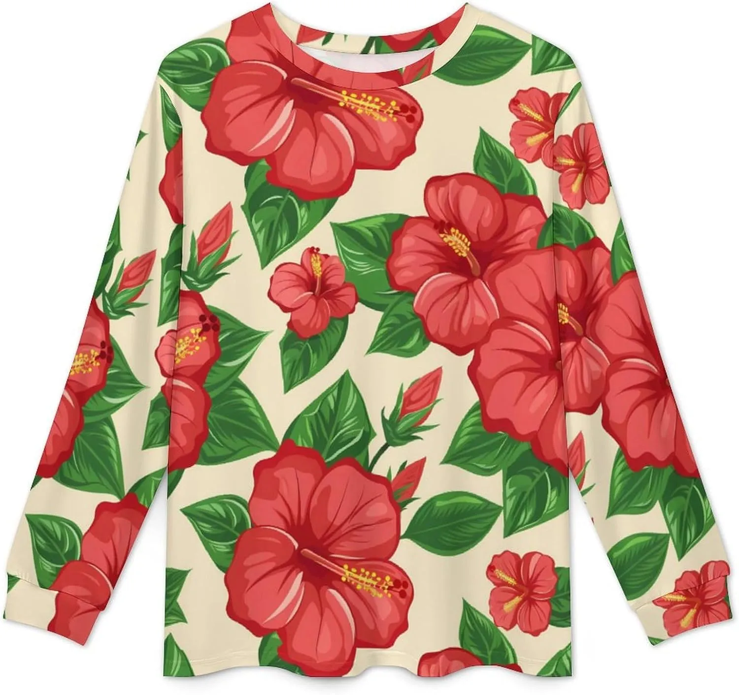 Hibiscus Floral Print Men's Pajama Set Casual Sleepwear Pjs Set Crewneck Shirts And Bottoms Comfy Loungewear