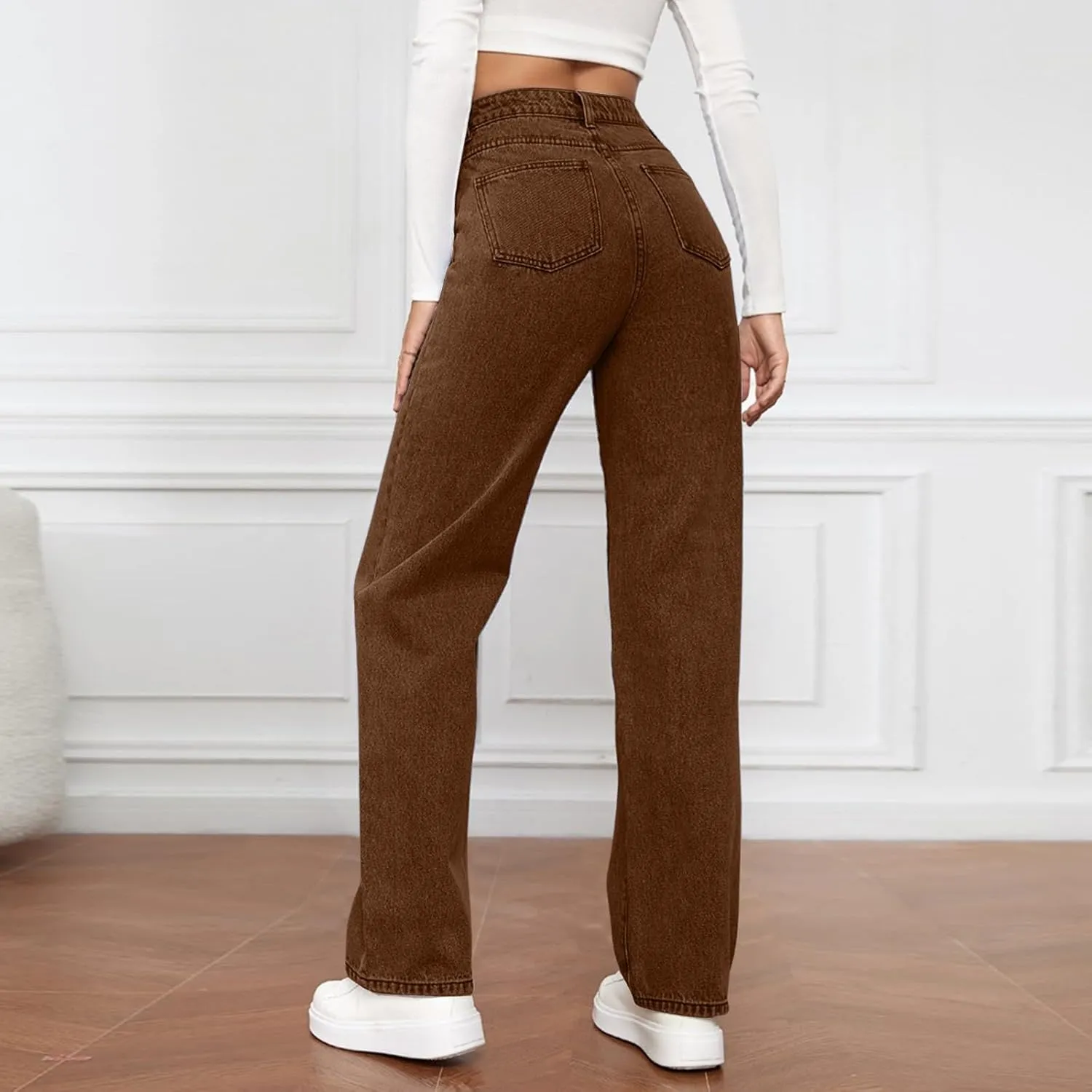 High Rise Jeans for Women Wide Leg Stretchy Pants Straight Leg Loose Denim Tummy Control Trousers with Pockets