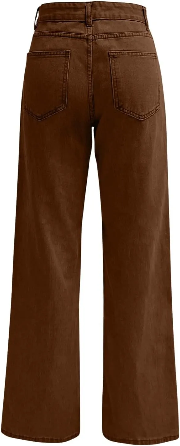 High Rise Jeans for Women Wide Leg Stretchy Pants Straight Leg Loose Denim Tummy Control Trousers with Pockets