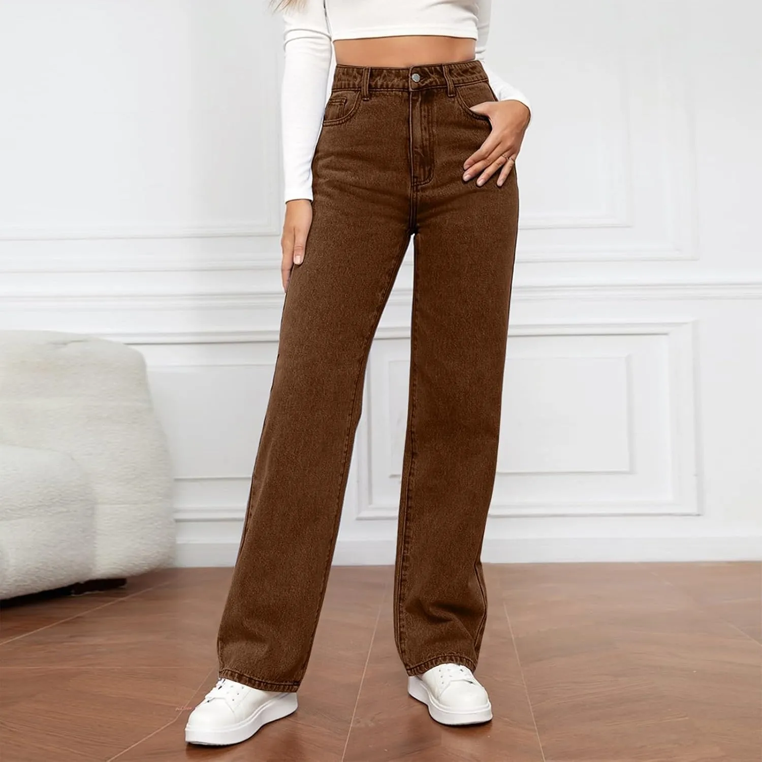 High Rise Jeans for Women Wide Leg Stretchy Pants Straight Leg Loose Denim Tummy Control Trousers with Pockets