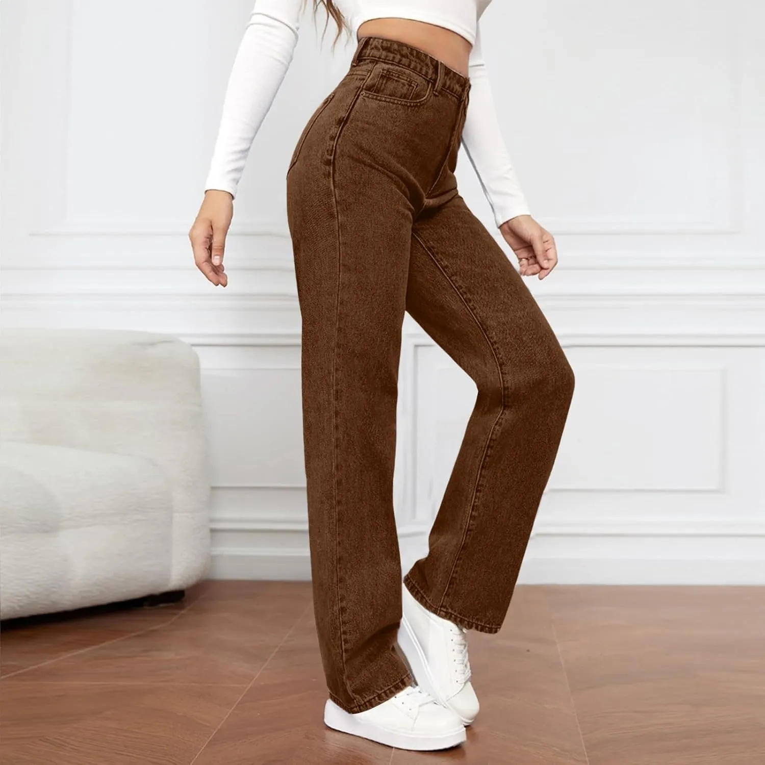 High Rise Jeans for Women Wide Leg Stretchy Pants Straight Leg Loose Denim Tummy Control Trousers with Pockets