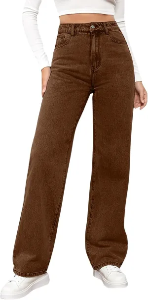 High Rise Jeans for Women Wide Leg Stretchy Pants Straight Leg Loose Denim Tummy Control Trousers with Pockets