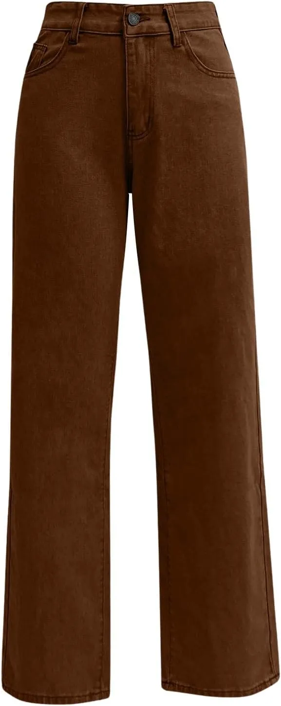 High Rise Jeans for Women Wide Leg Stretchy Pants Straight Leg Loose Denim Tummy Control Trousers with Pockets