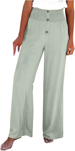 High Waist Cotton Linen Pants for Women Trendy Casual Summer Work Pants Wide Leg Button Beach Lounge Trousers
