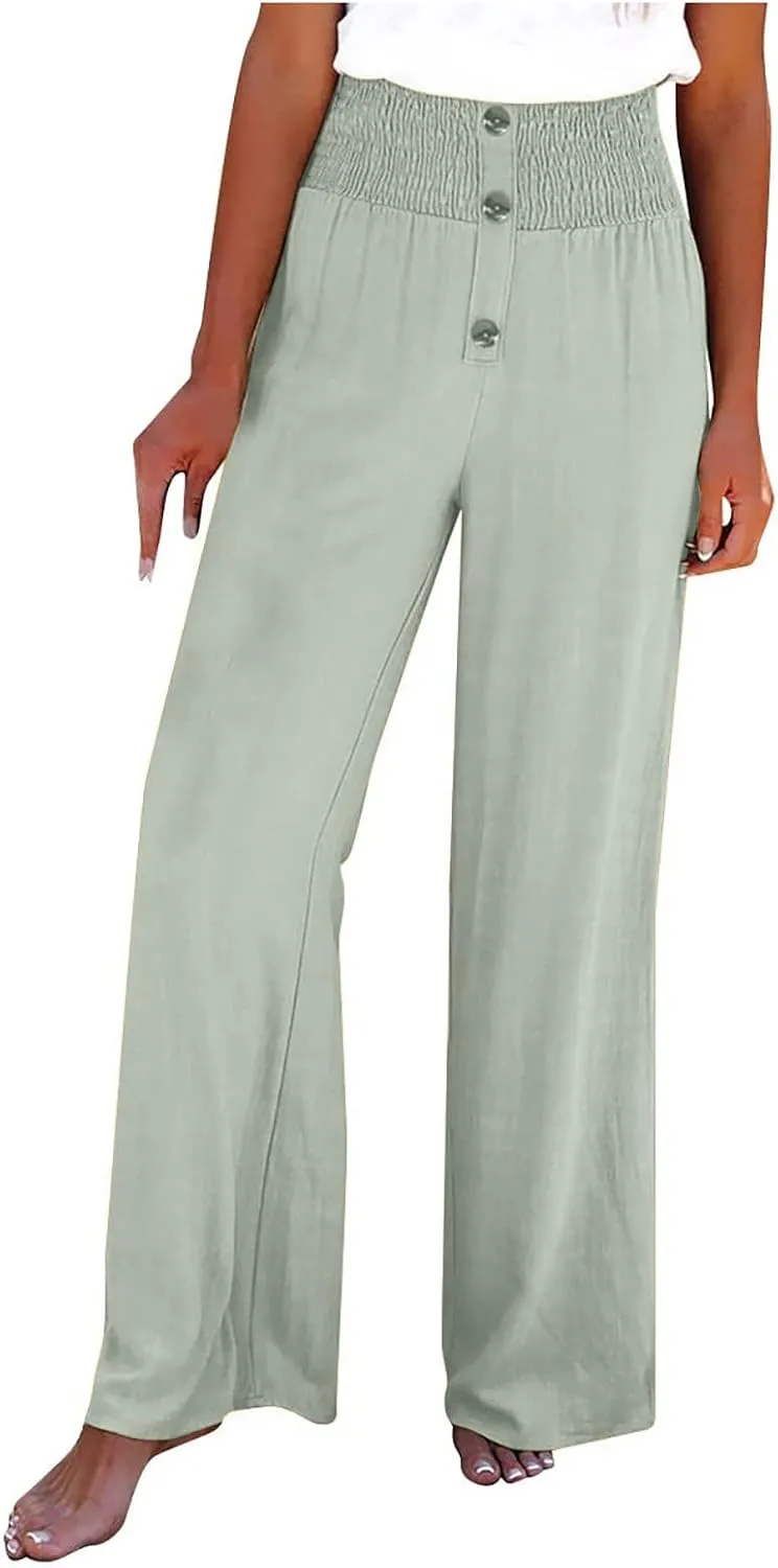 High Waist Cotton Linen Pants for Women Trendy Casual Summer Work Pants Wide Leg Button Beach Lounge Trousers