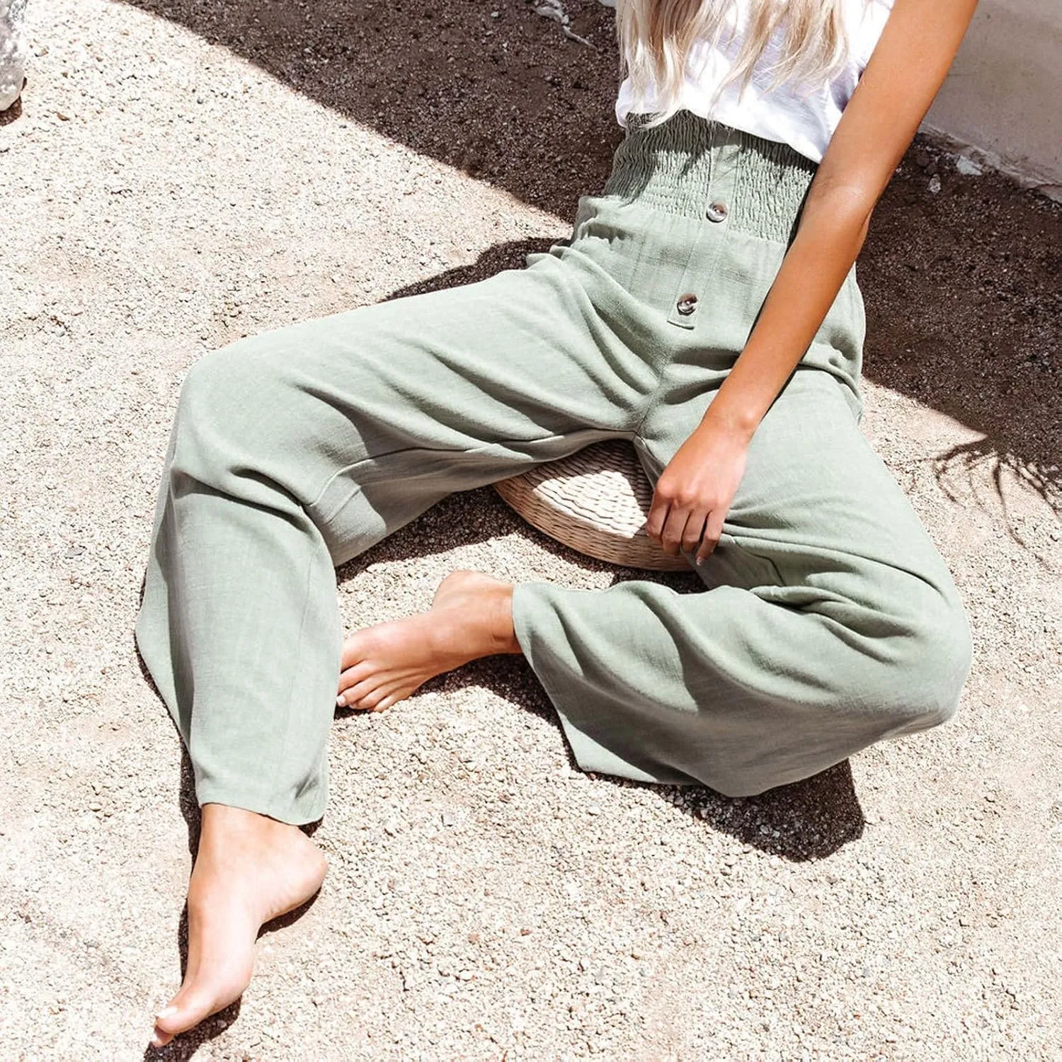High Waist Cotton Linen Pants for Women Trendy Casual Summer Work Pants Wide Leg Button Beach Lounge Trousers