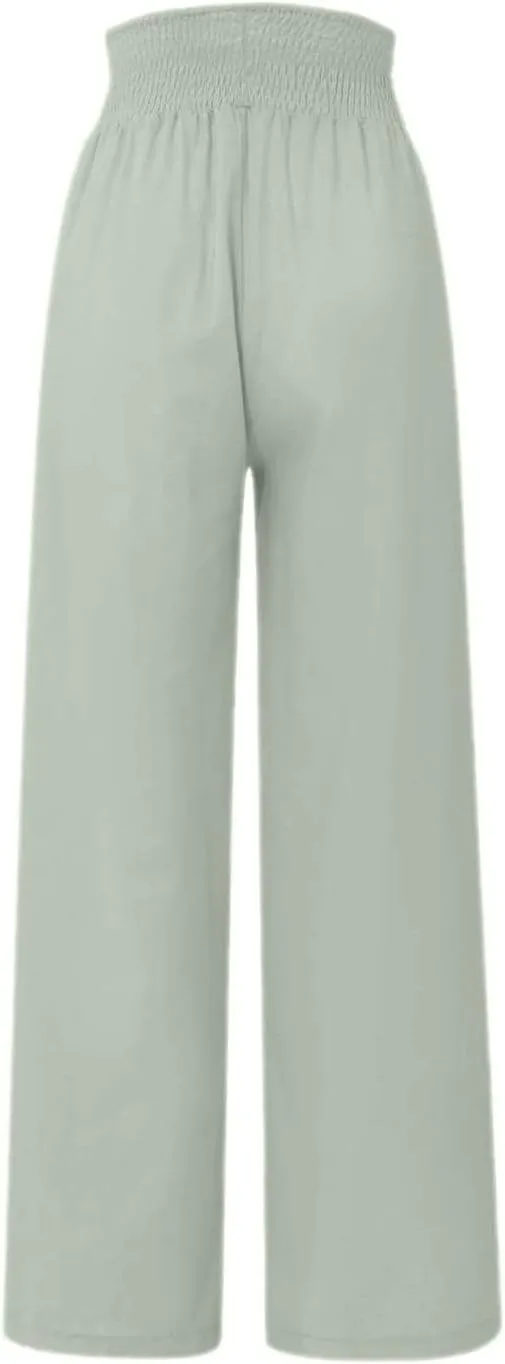 High Waist Cotton Linen Pants for Women Trendy Casual Summer Work Pants Wide Leg Button Beach Lounge Trousers
