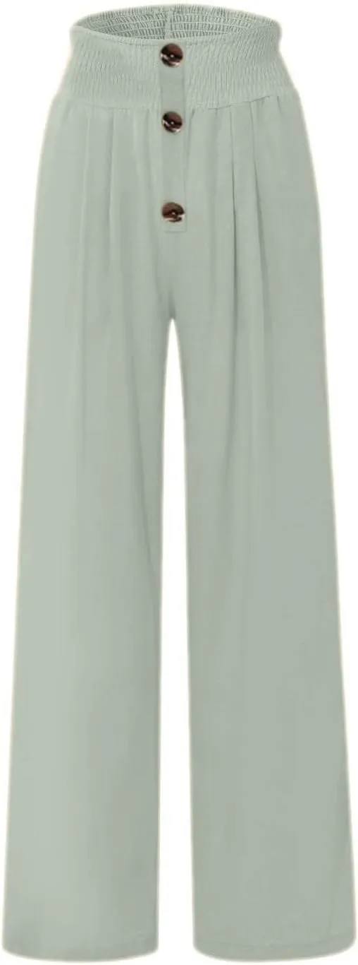 High Waist Cotton Linen Pants for Women Trendy Casual Summer Work Pants Wide Leg Button Beach Lounge Trousers
