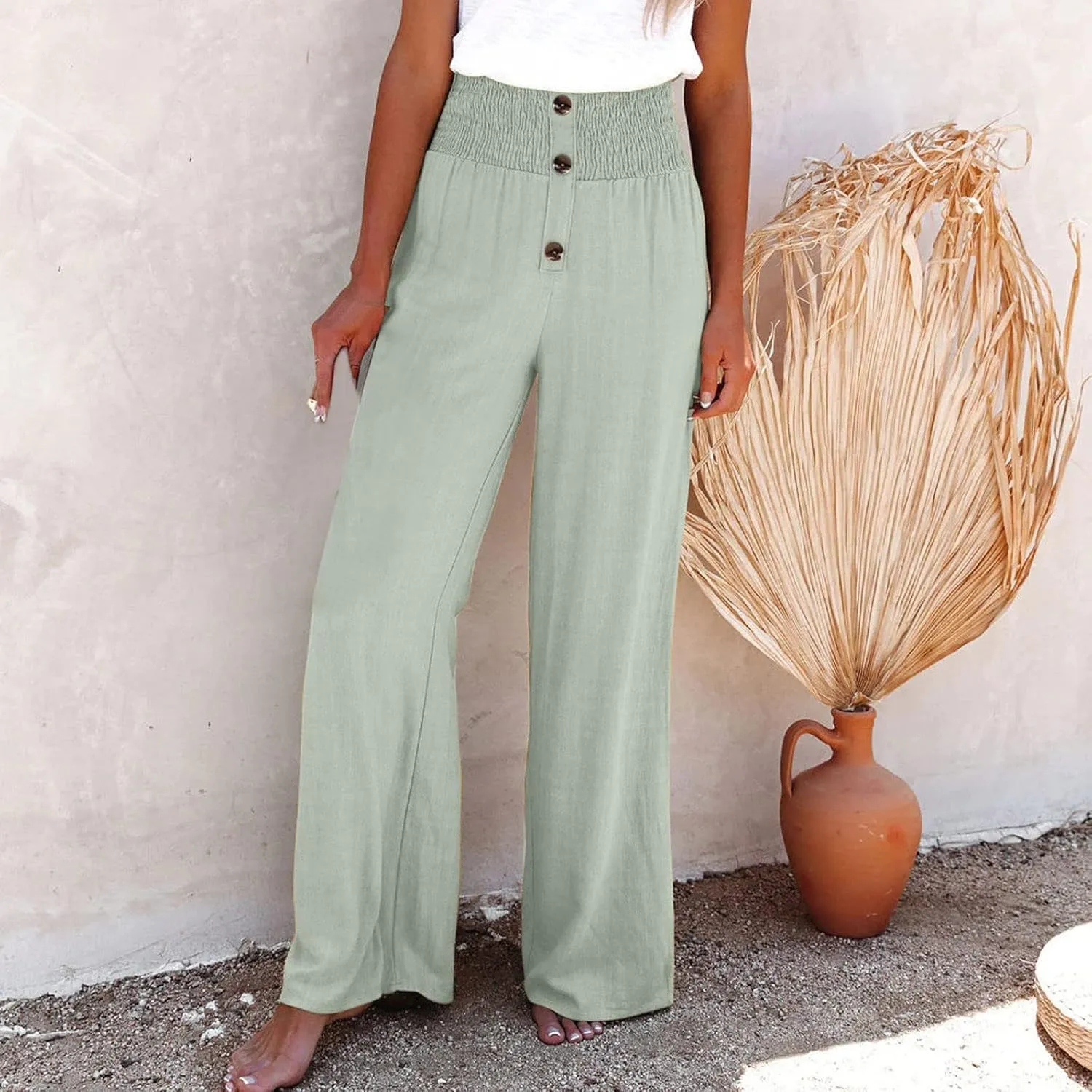 High Waist Cotton Linen Pants for Women Trendy Casual Summer Work Pants Wide Leg Button Beach Lounge Trousers