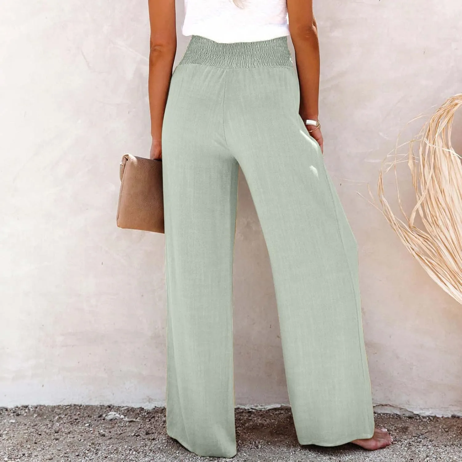High Waist Cotton Linen Pants for Women Trendy Casual Summer Work Pants Wide Leg Button Beach Lounge Trousers