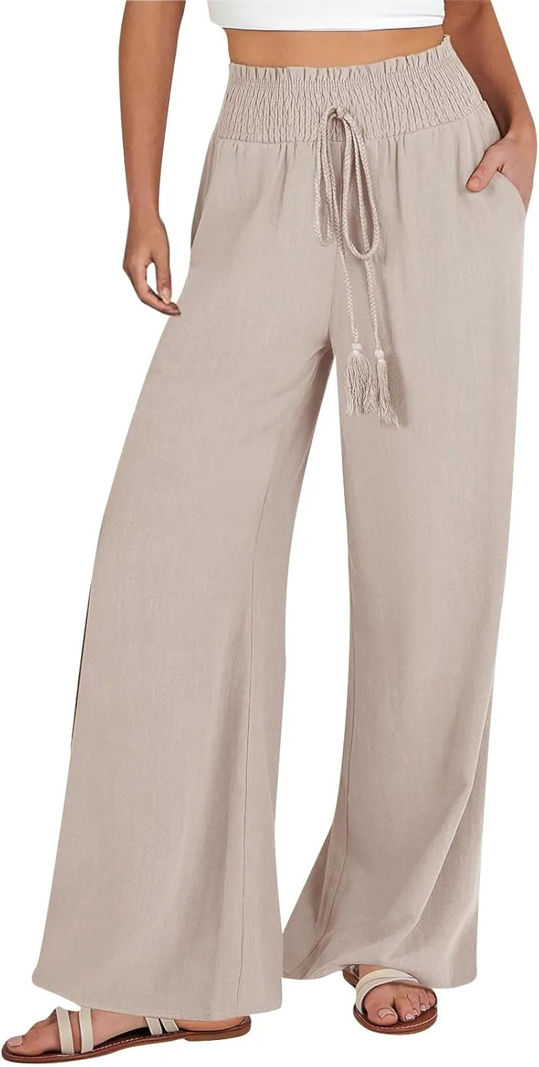 High Waist Wide Leg Palazzo Pants for Women 2024 Summer Casual Linen Lounge Pant Beach Flowy Trousers