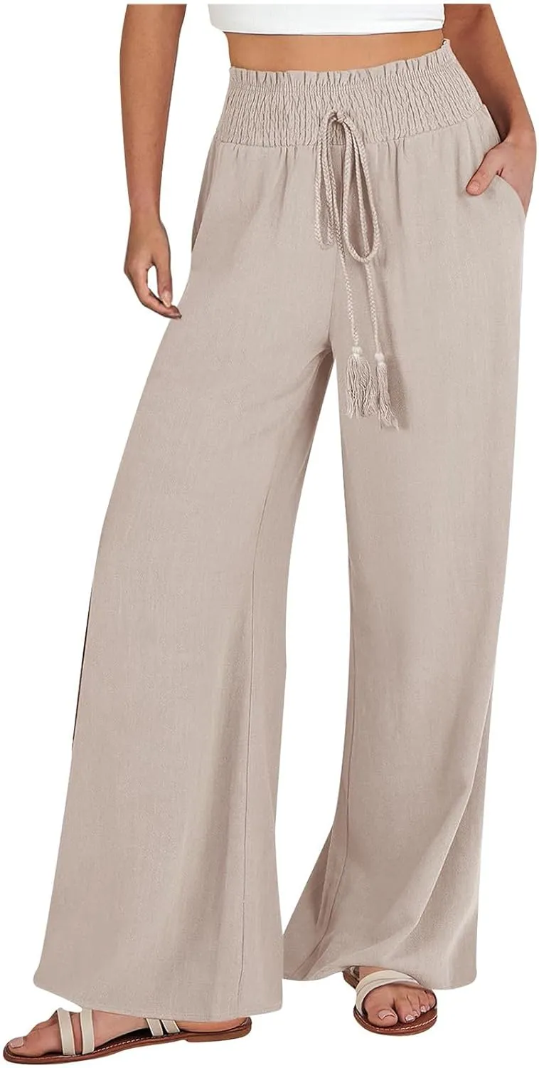 High Waist Wide Leg Palazzo Pants for Women 2024 Summer Casual Linen Lounge Pant Beach Flowy Trousers