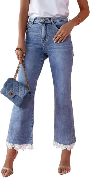 High Waisted Flare Jeans for Women Lace Trim Stretch Bell Bottom Ankle Jeans Wide Flare Leg Short Denim Pants