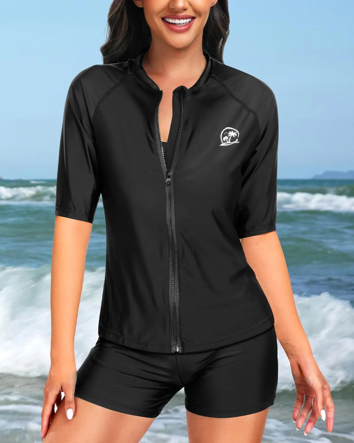 Holipick Women 2 Piece Rash Guard Short Sleeve Swimsuit with Shorts Full Zipper SPF Swim Shirts