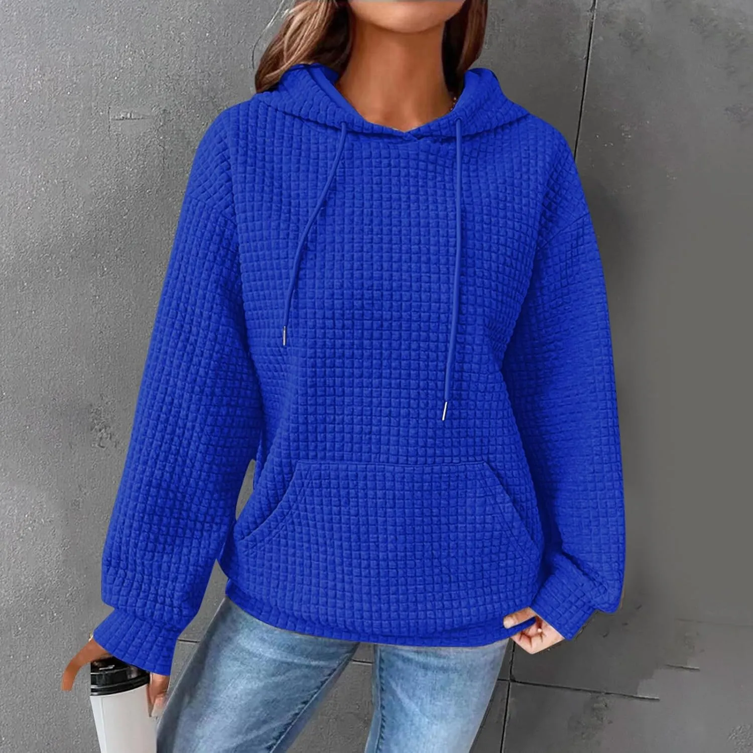 Hoodie for Women Fall 2024 Trendy Waffle Knit Drawstring Pullover Sweatshirts Casual Loose Fit Sweater Cute Fashion Clothes