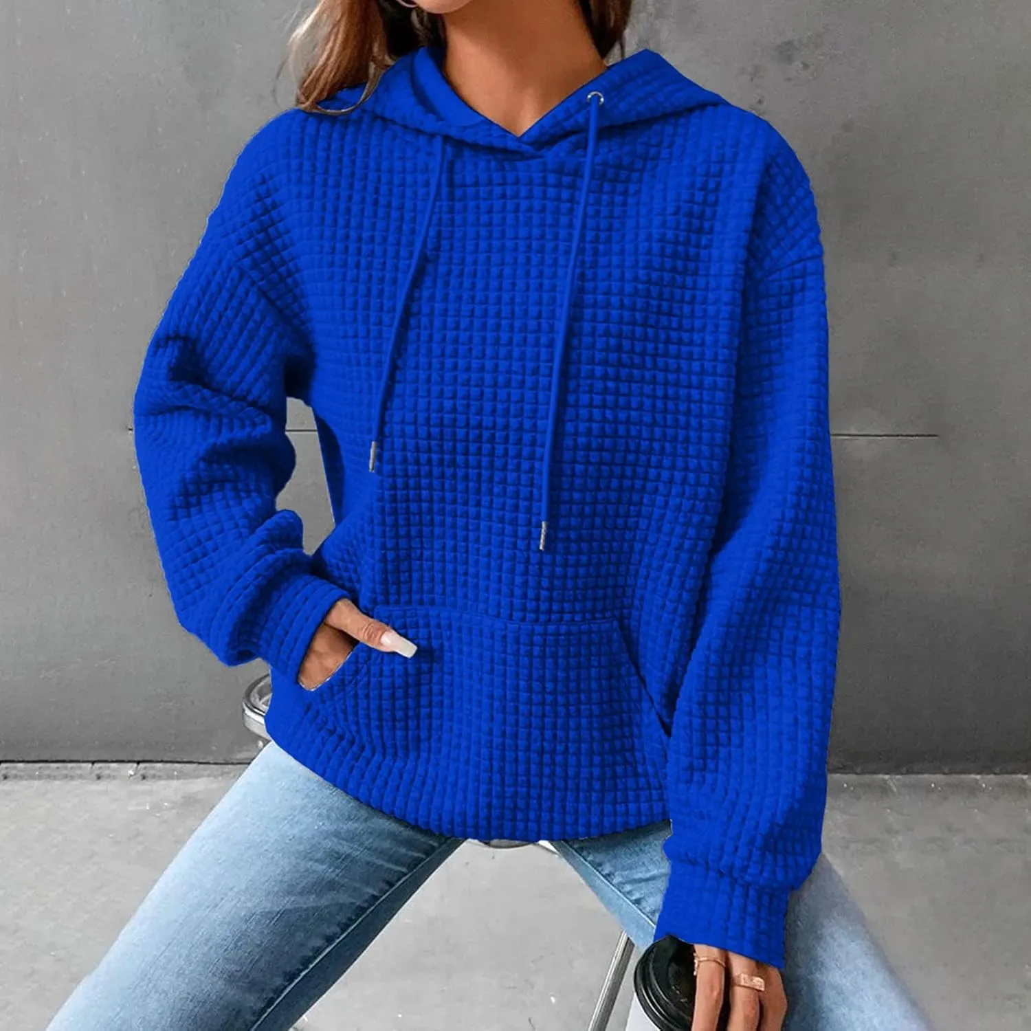 Hoodie for Women Fall 2024 Trendy Waffle Knit Drawstring Pullover Sweatshirts Casual Loose Fit Sweater Cute Fashion Clothes