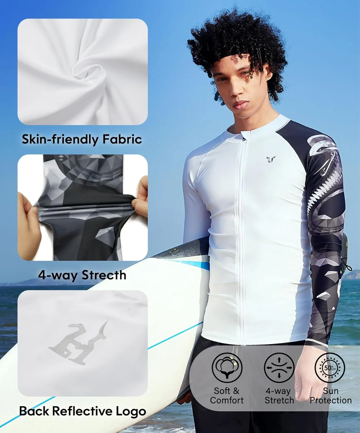 HUGE SPORTS Men's Swim Shirts Long Sleeve Zip Rash Guard UPF 50  Sun Protective Quick Drying
